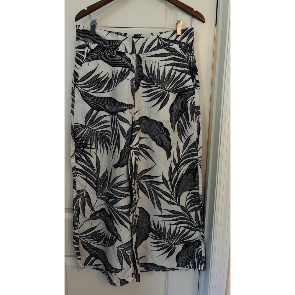Tahari Linen Wide Leg Pants Tropical Leaf Print Black Cream Women's Large Boho
